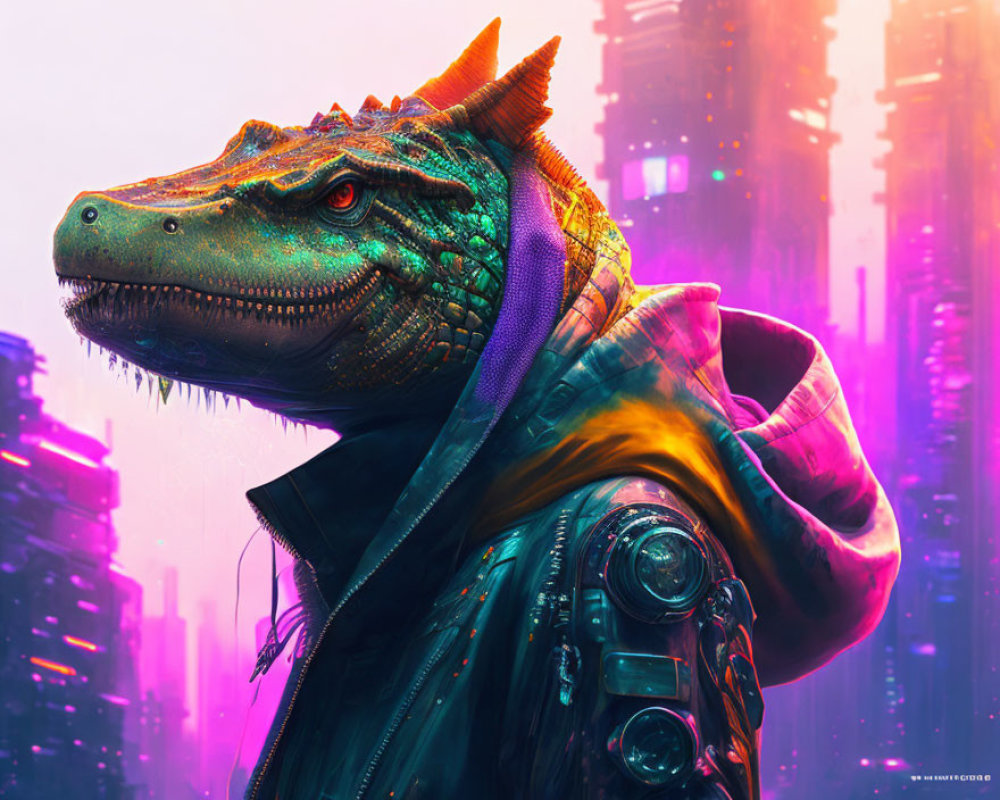 Humanoid Dinosaur in Modern Attire with Neon City Background