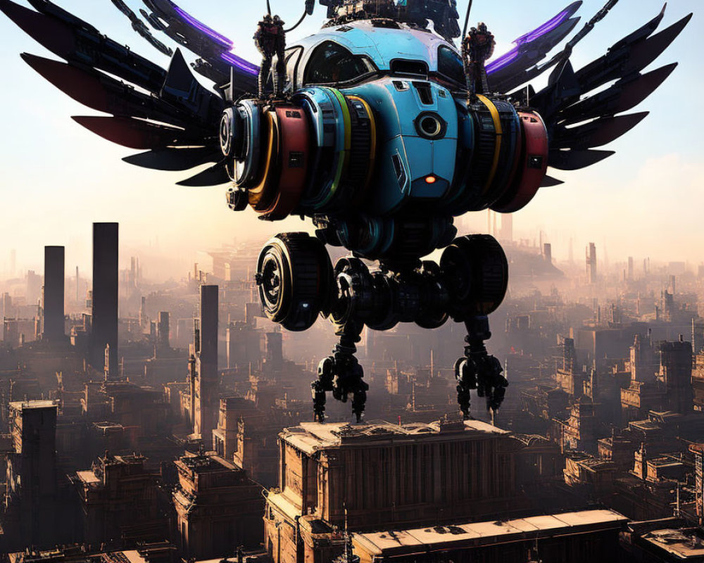 Colorful Winged Robot Hovers over Dystopian Cityscape