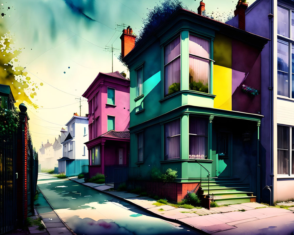 Vibrant digital art: stylized urban street with colorful houses & surreal sky