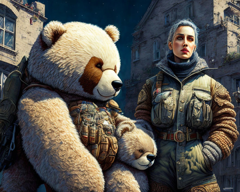 Silver-haired woman with scar and giant teddy bear in military vests against urban backdrop