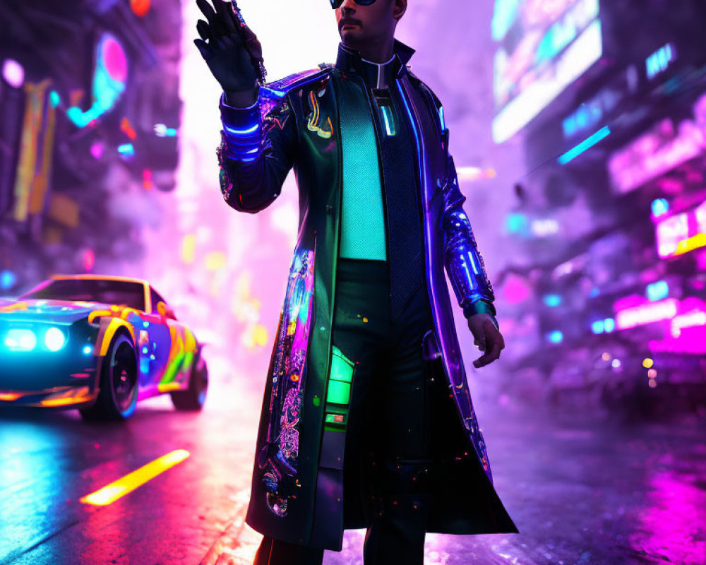 Futuristic man in stylish attire on neon-lit city street with sports car