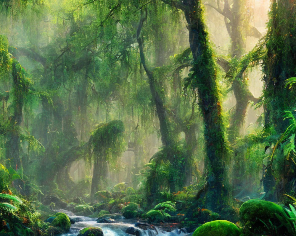 Misty sunlight in lush green forest with moss-covered trees