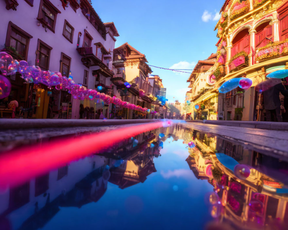 Historical buildings on a wet street at dusk with pink and blue lights