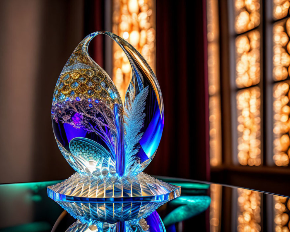 Glass sculpture with feather and bubble motifs under warm backlighting