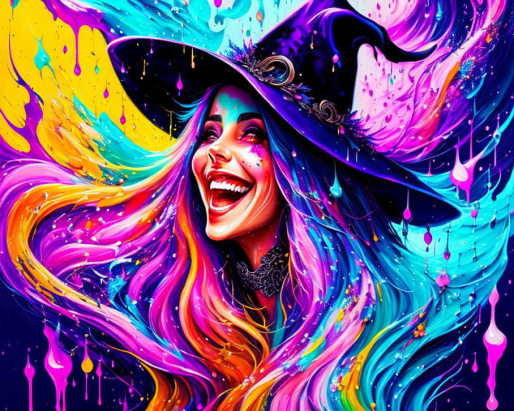 Colorful digital artwork: Laughing woman in witch's hat with flowing hair on vibrant splatter background