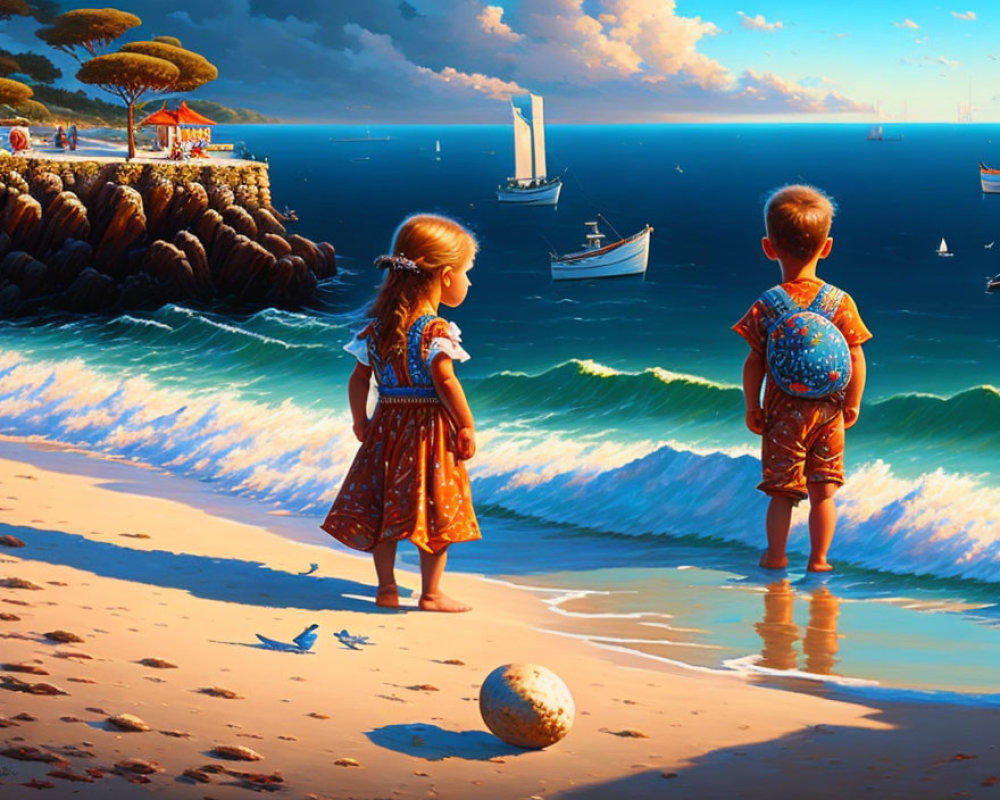 Children on sunny beach with boats and cliffs in the distance.