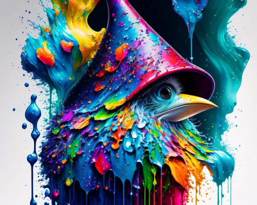 Colorful Digital Artwork: Bird with Whimsical Hat and Vibrant Paint Splashes