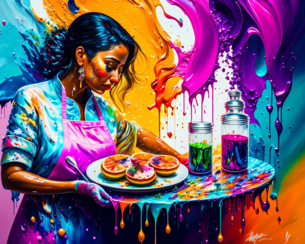 Colorful Painting of Woman with Desserts on Plate