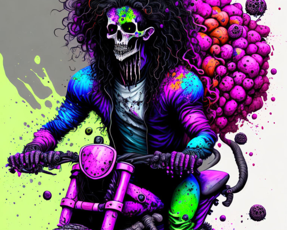 Colorful skeletal figure on motorcycle with neon face paint in vibrant illustration