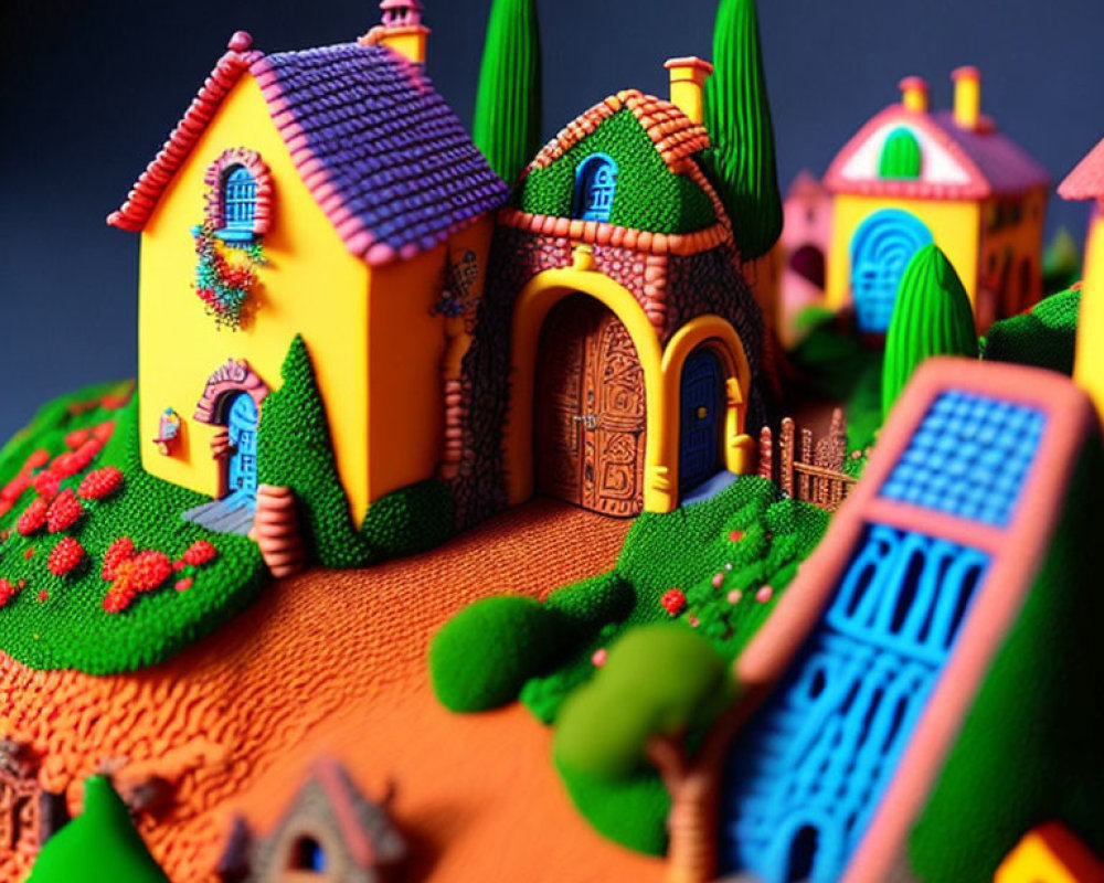 Vibrant miniature fantasy landscape with whimsical houses and staircase.