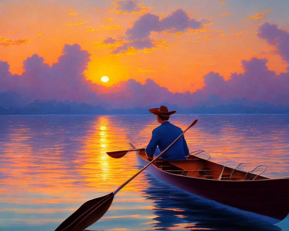 Person in hat paddling canoe on calm waters at vivid sunset