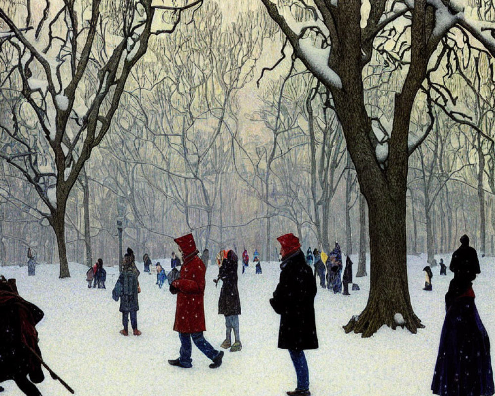 Vintage-style Winter Outfits Illustration in Snowy Park