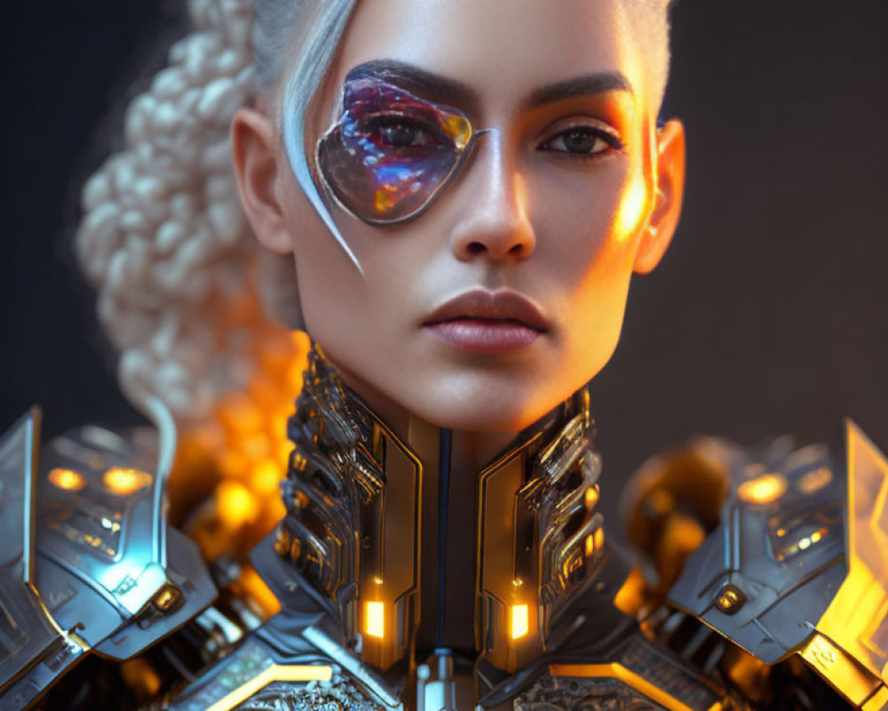 Futuristic woman with mechanical body and golden neckpiece, unique eyepiece, blonde braided