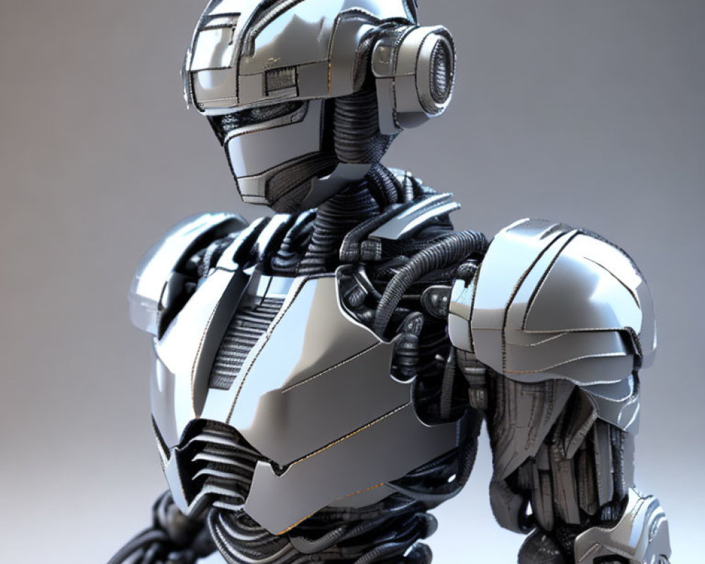 Futuristic silver robot with intricate tubing and visor head