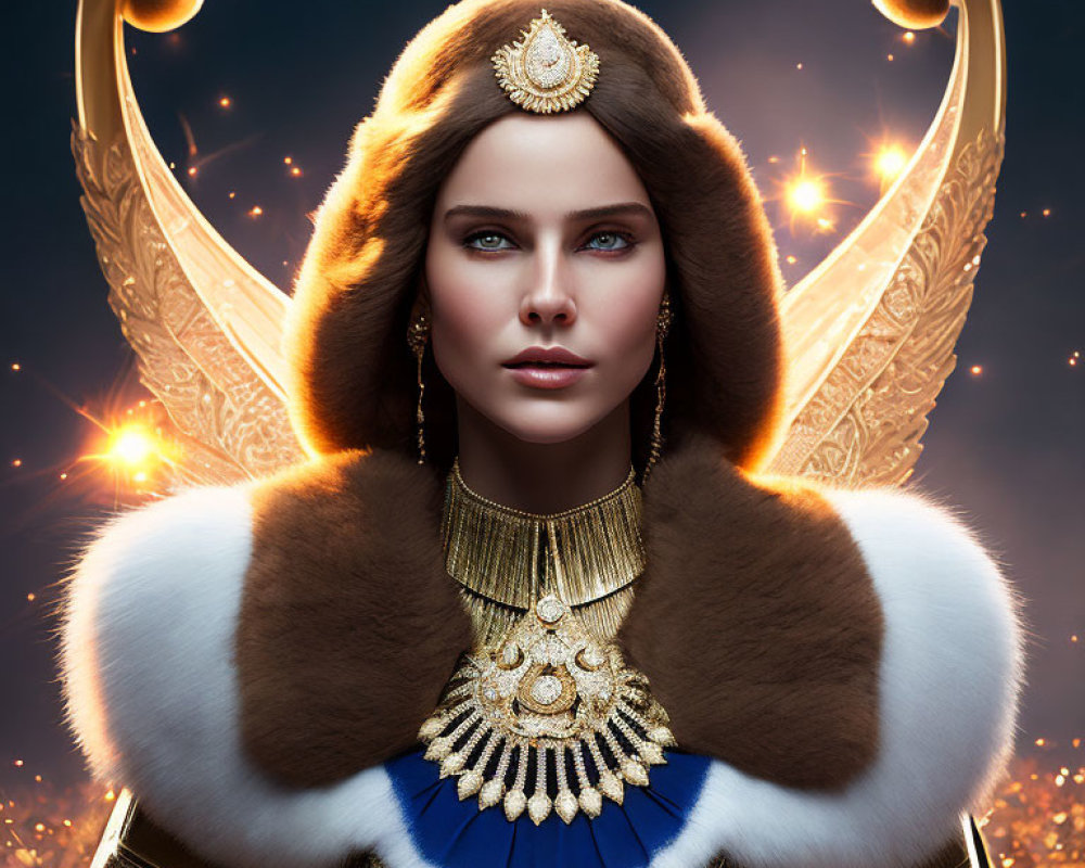 Regal woman with golden jewelry in celestial setting