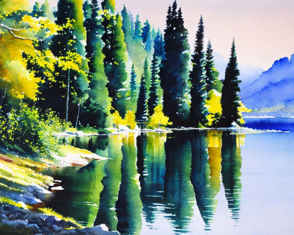 Serene lakeside scene with vibrant watercolor of pine trees and foliage