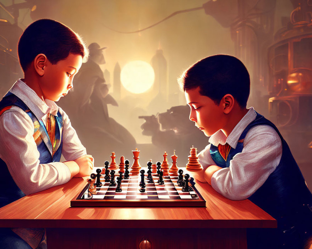 Animated children playing chess in vintage-style room with gear motifs