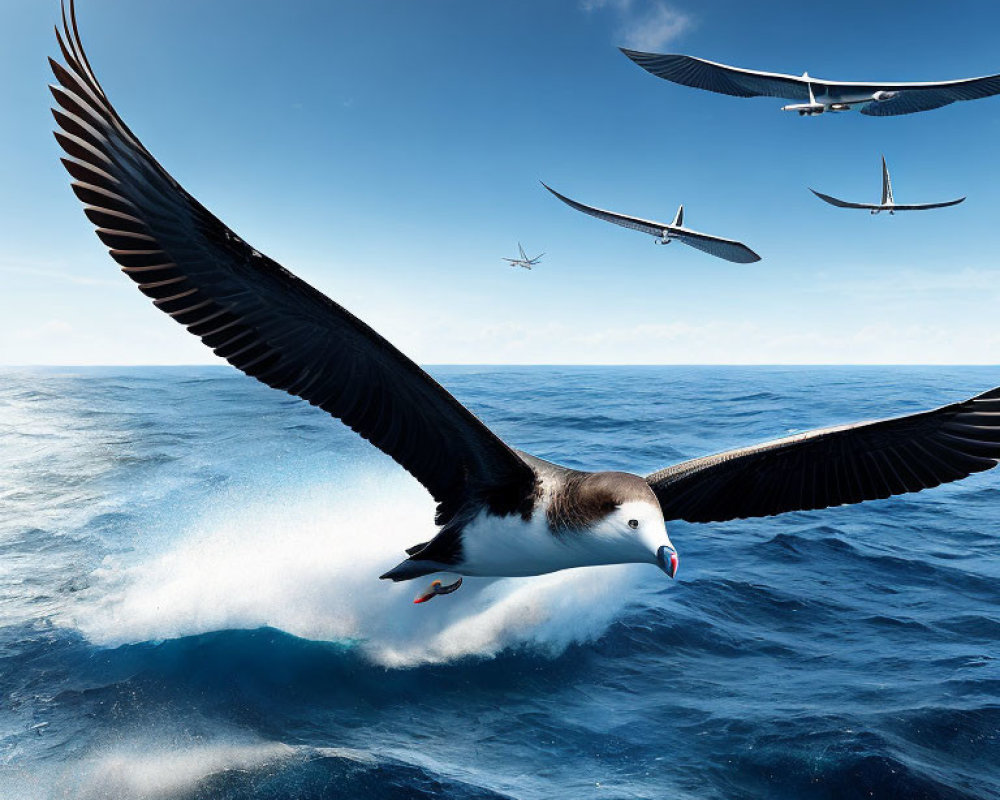 Albatross flying over ocean waves with plane and clear blue sky