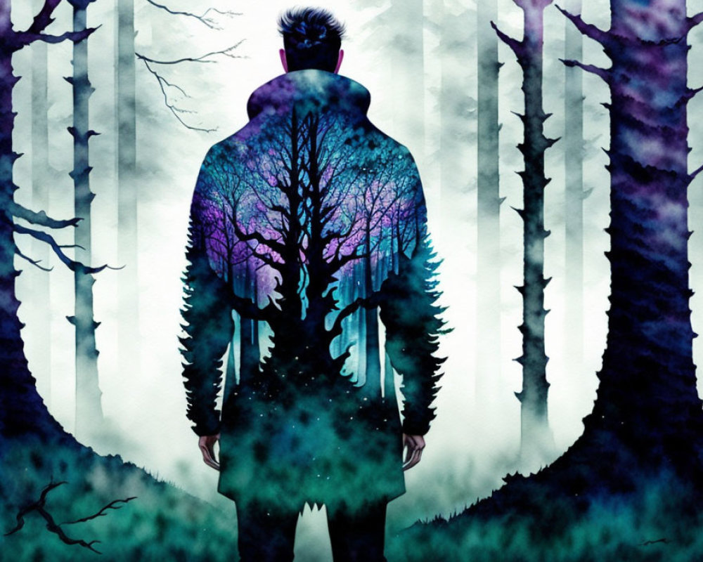 Silhouette of Man Blending with Purple Forest Scene