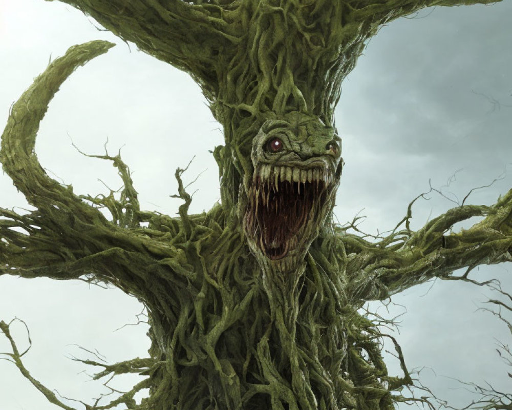 Monstrous tree with fearsome face and gnarled branches against cloudy sky