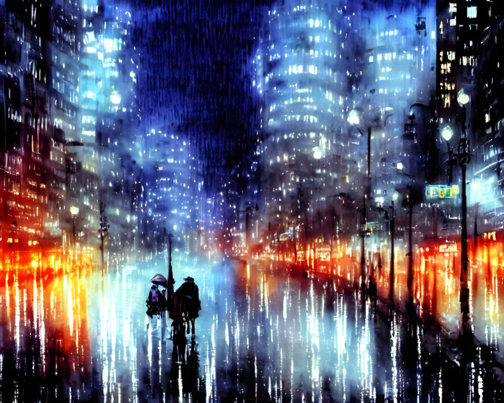 Rainy night cityscape painting with city lights reflections and silhouettes.