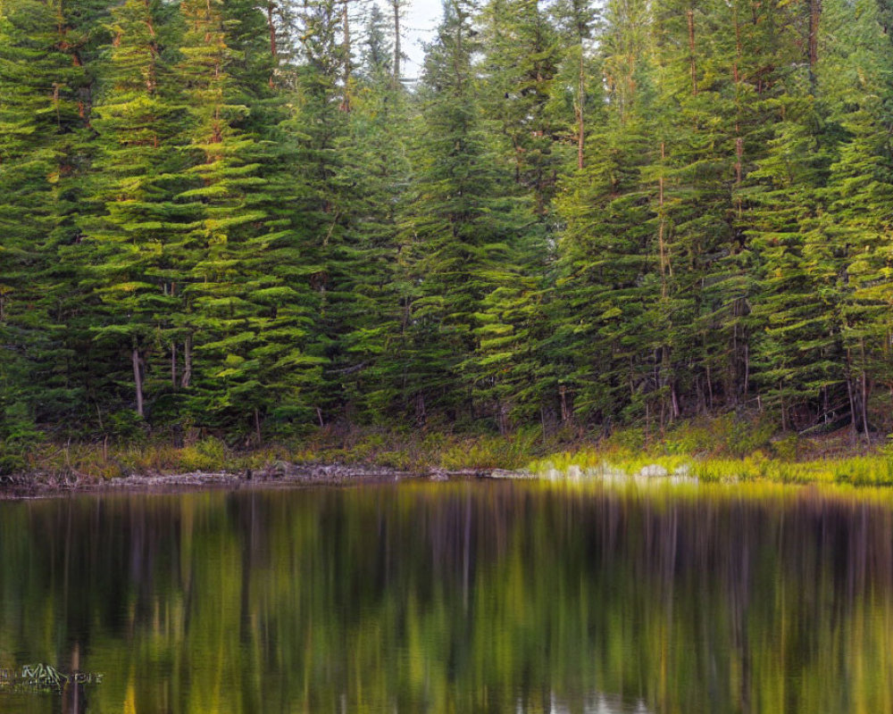 Tranquil forest lake reflecting tall pine trees