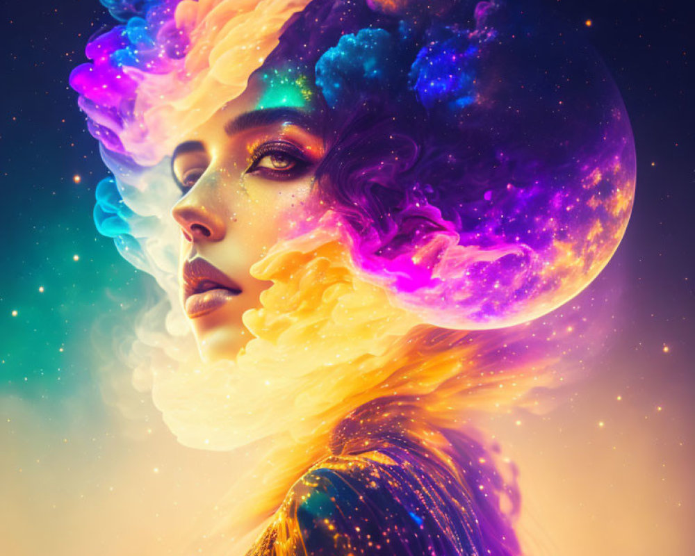 Colorful cosmic portrait blending woman's profile with galaxy-filled universe