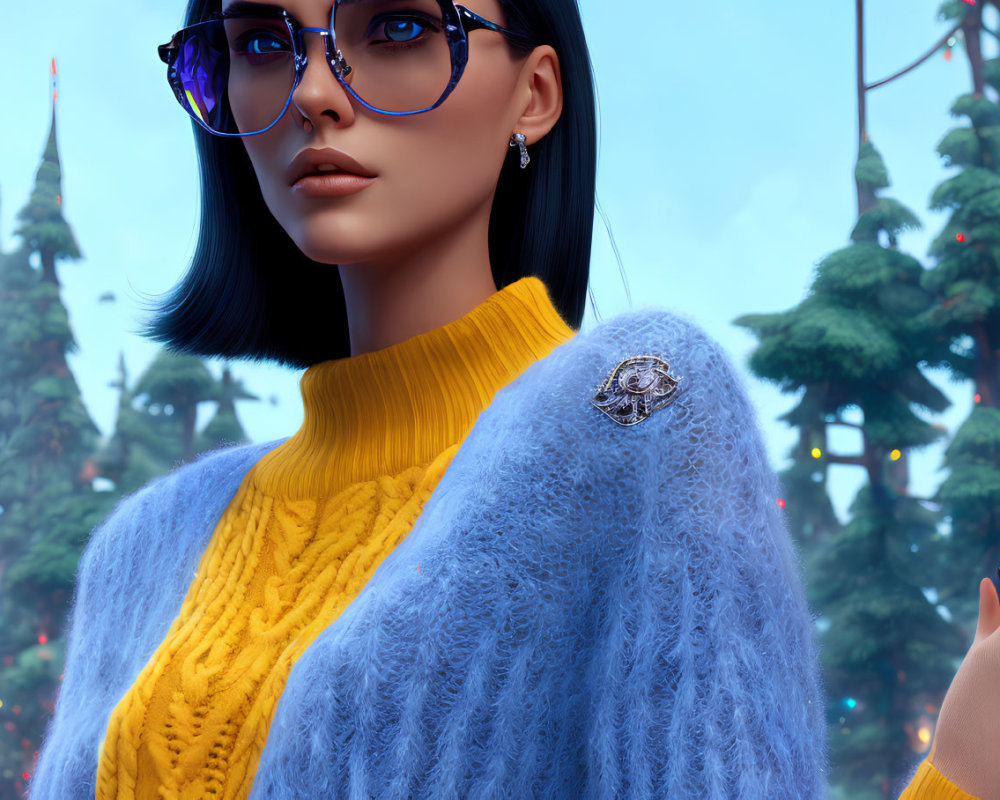 Digital Avatar in Blue Glasses and Yellow Sweater with Detailed Brooch, Winter Trees Background