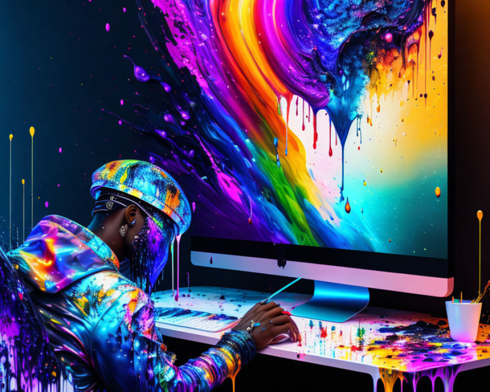 Vibrant artist creates digital art in colorful workspace