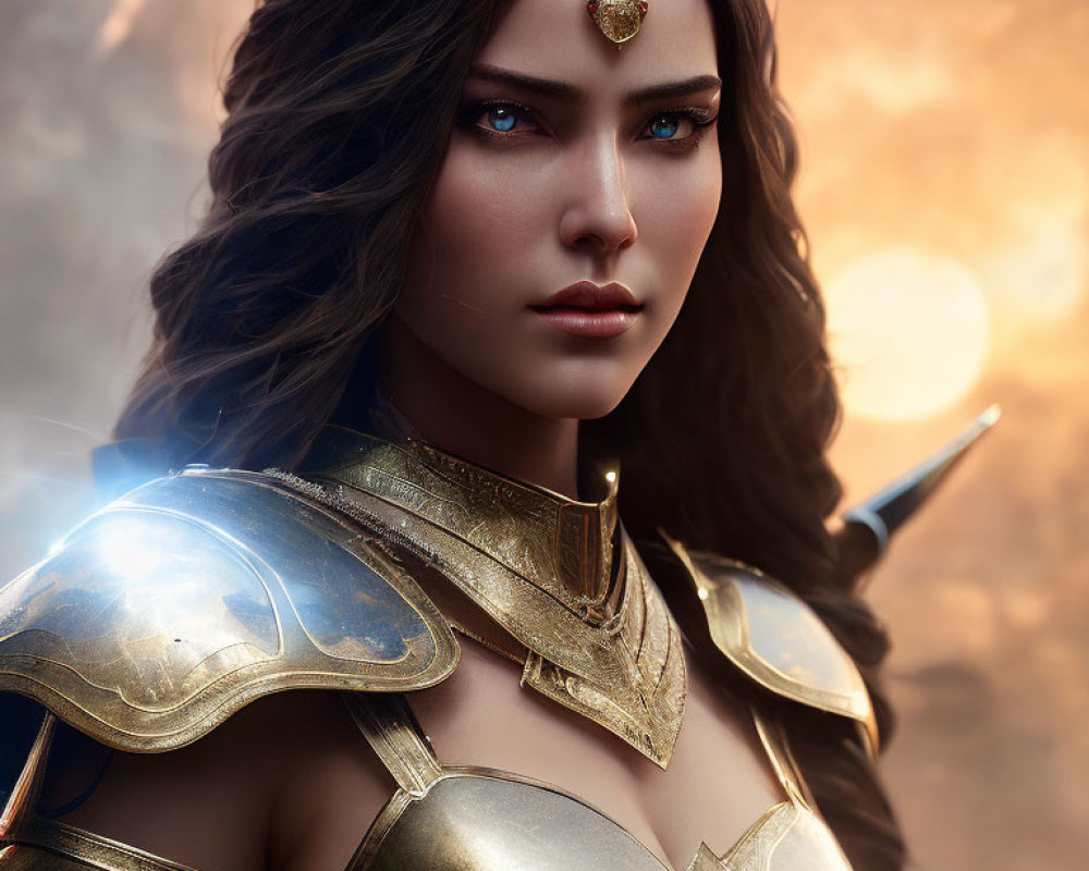 Female warrior digital art: blue-eyed, golden armor, jewels, moody sky.