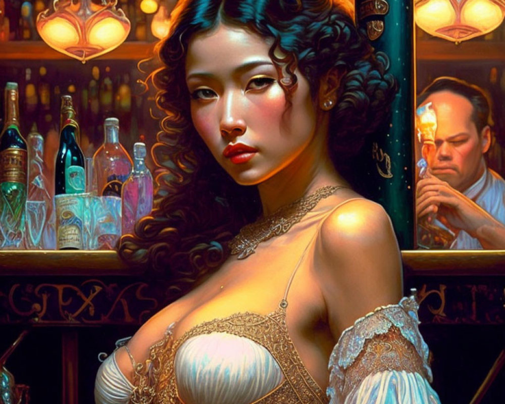 Detailed Painting: Woman in Vintage Attire at Bar with Man in Background, Ornate Bottles,