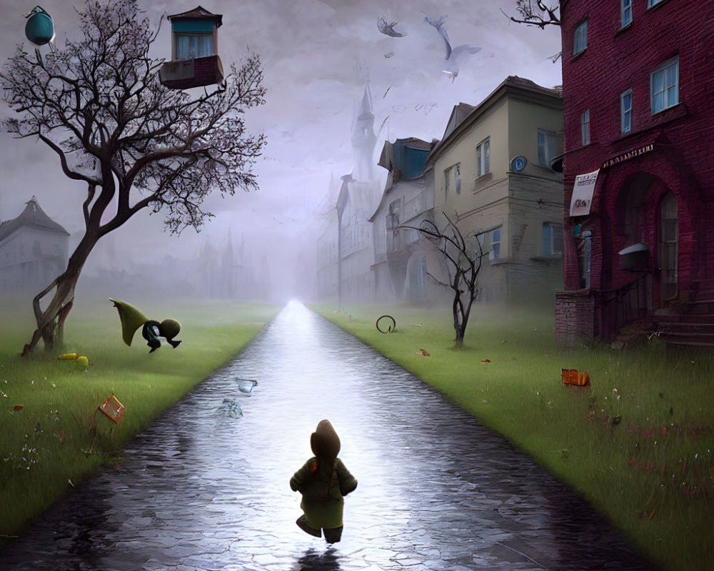 Child in Yellow Raincoat Walking Down Wet Cobblestone Street Amid Old Buildings and Moody Sky