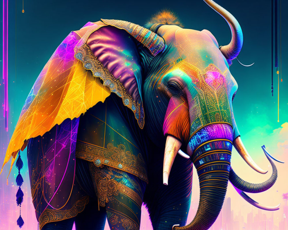 Colorful Digital Artwork of Elephant with Ornate Patterns and Decorated Cape