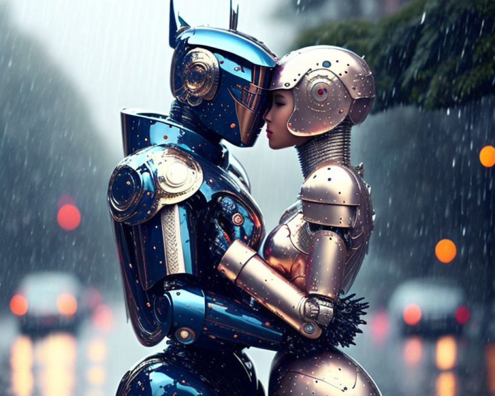 Robots embracing and kissing in rain on city street