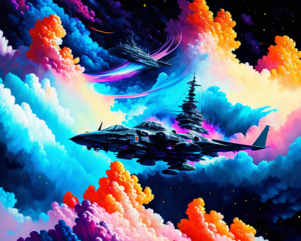 Colorful Fighter Jet Artwork with Alien Spaceships and Floating Island