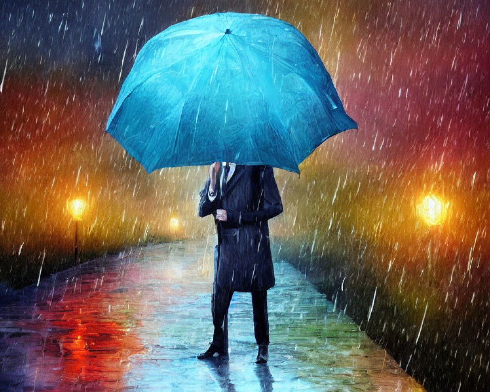 Person in Dark Coat with Blue Umbrella on Wet Illuminated Pathway