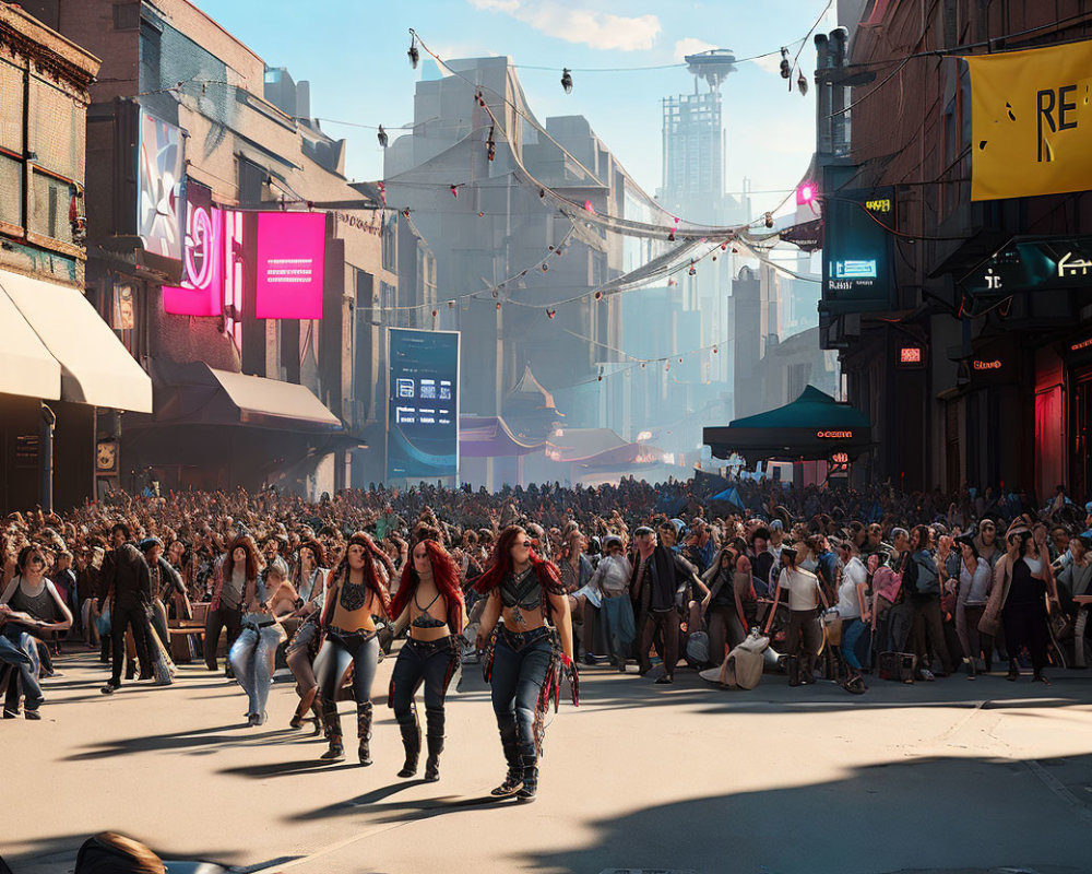 Diverse crowd on urban street with dancers and neon signs