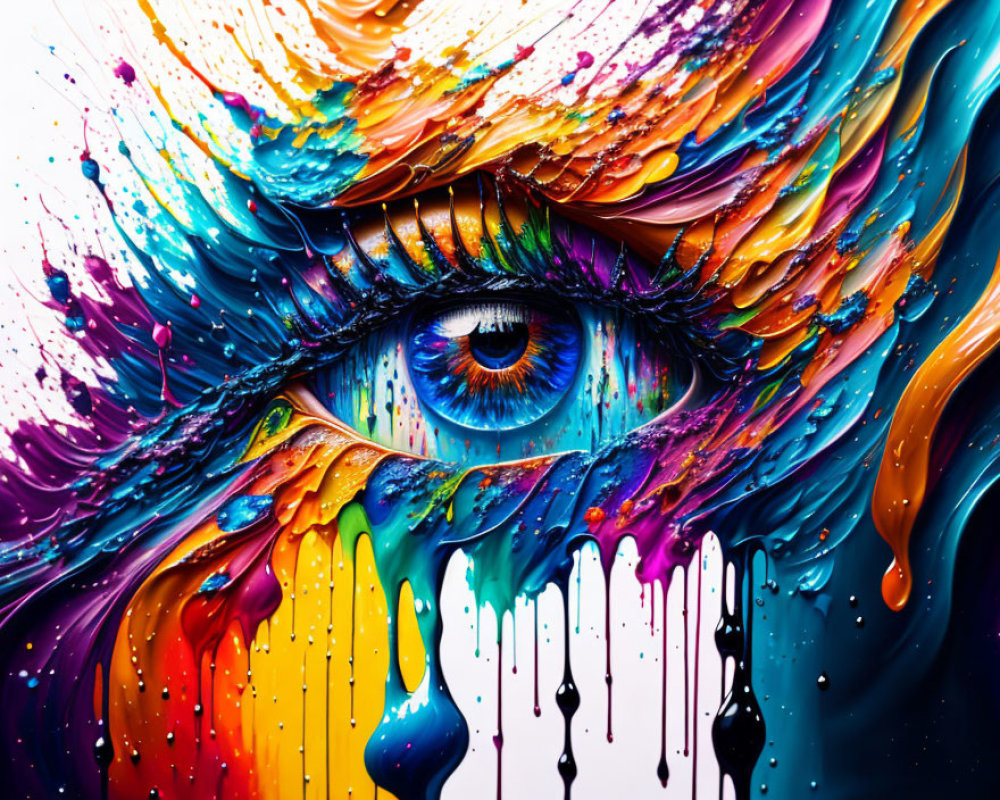 Eye with vibrant multicolored paint splashes and swirls