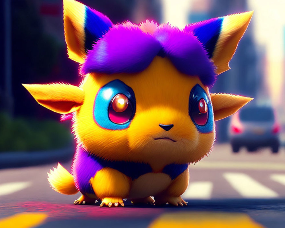 Colorful Pichu Pokemon art with large eyes and fluffy fur on city street backdrop