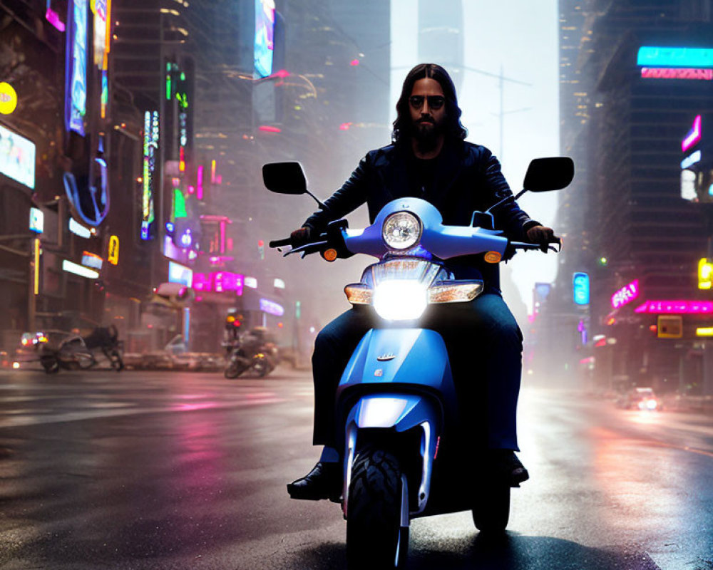 Person riding blue scooter on foggy urban street with neon signs at night