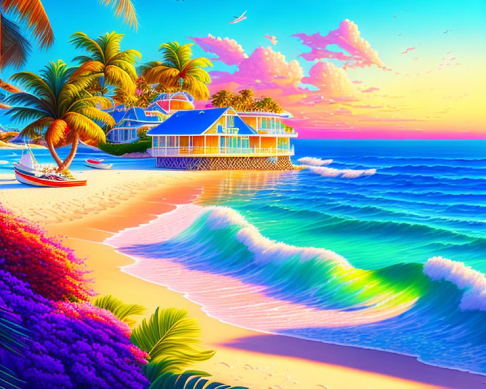 Tropical beach sunset with waves, palm trees, stilted house, flowers, and birds