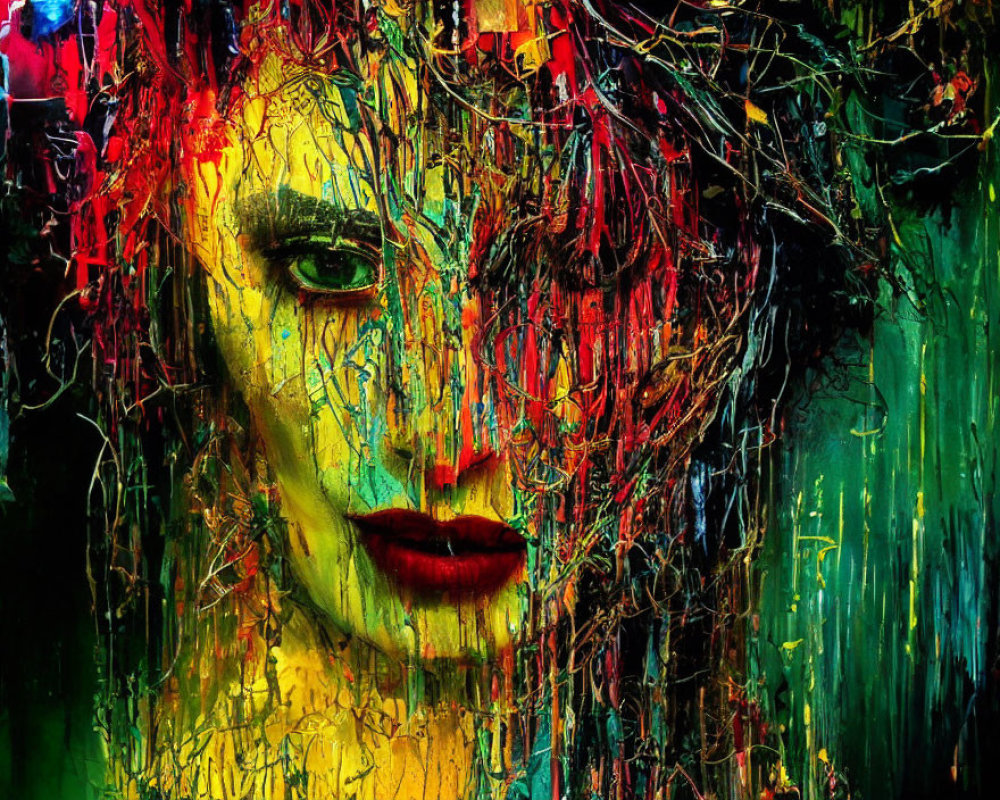 Vibrant abstract artwork of a woman's face with colorful streaks and paint textures