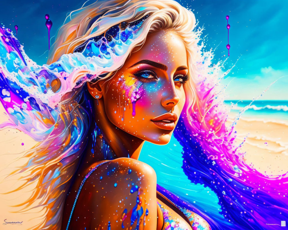 Colorful artwork featuring woman with cosmic paint in beach setting