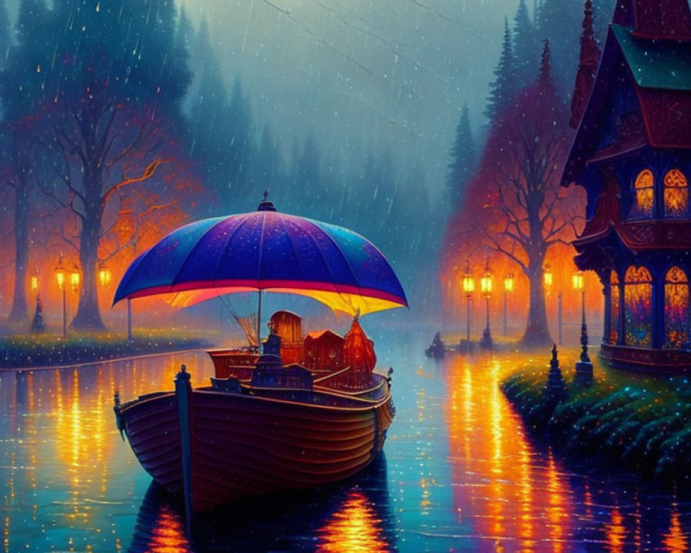 Colorful digital artwork: moored boat, lit umbrella, rain-soaked river, glowing cottage at