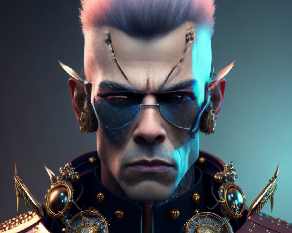 Male character with purple mohawk, pointed ears, facial scars, golden earrings, and ornate