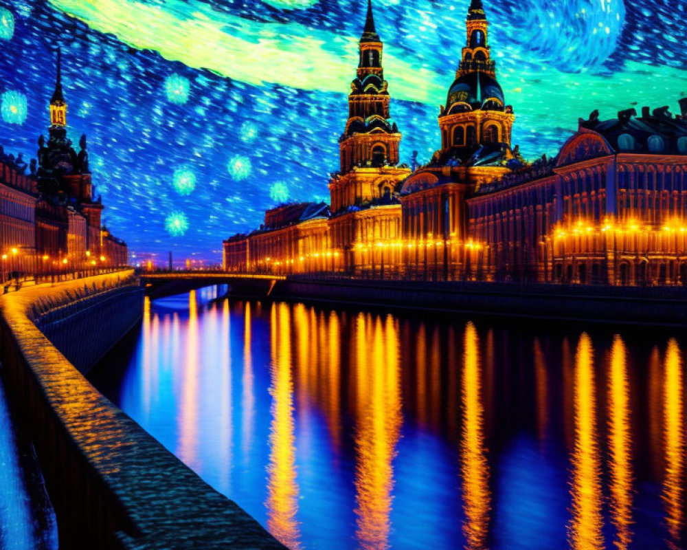 Illuminated riverside walkway with starry night sky