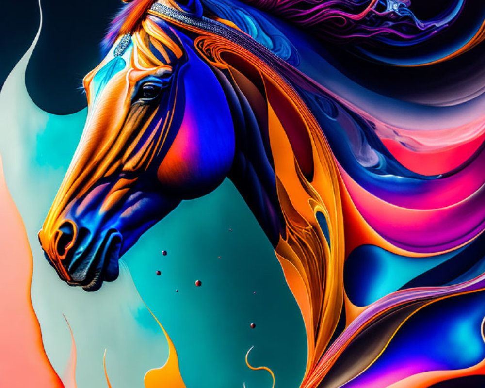 Colorful digital art: stylized horse profile with rainbow mane on dark background