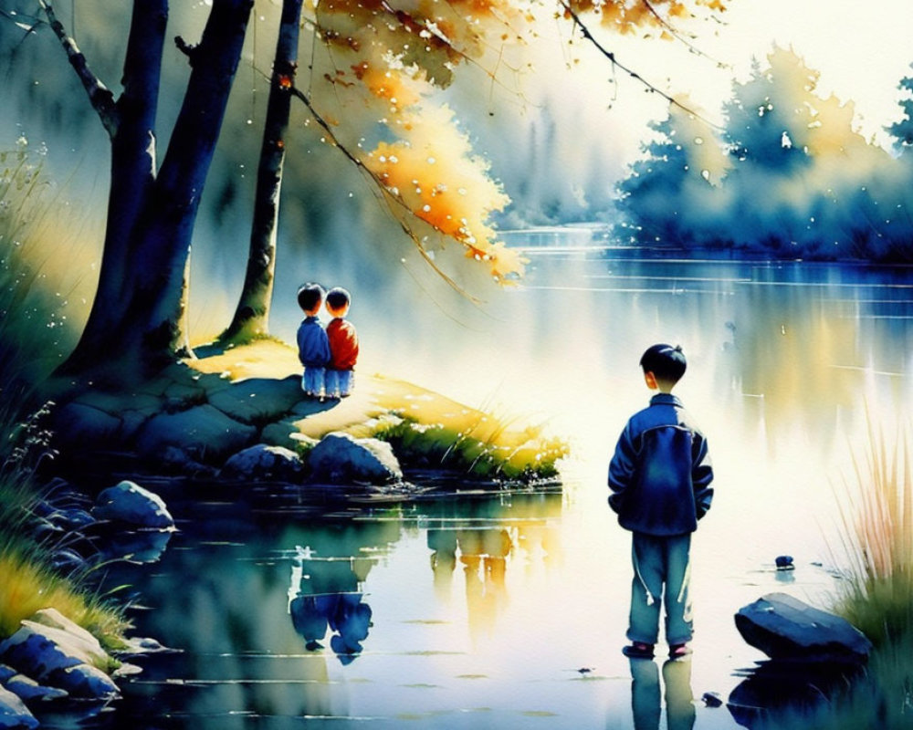 Children by tranquil lake with autumn trees.