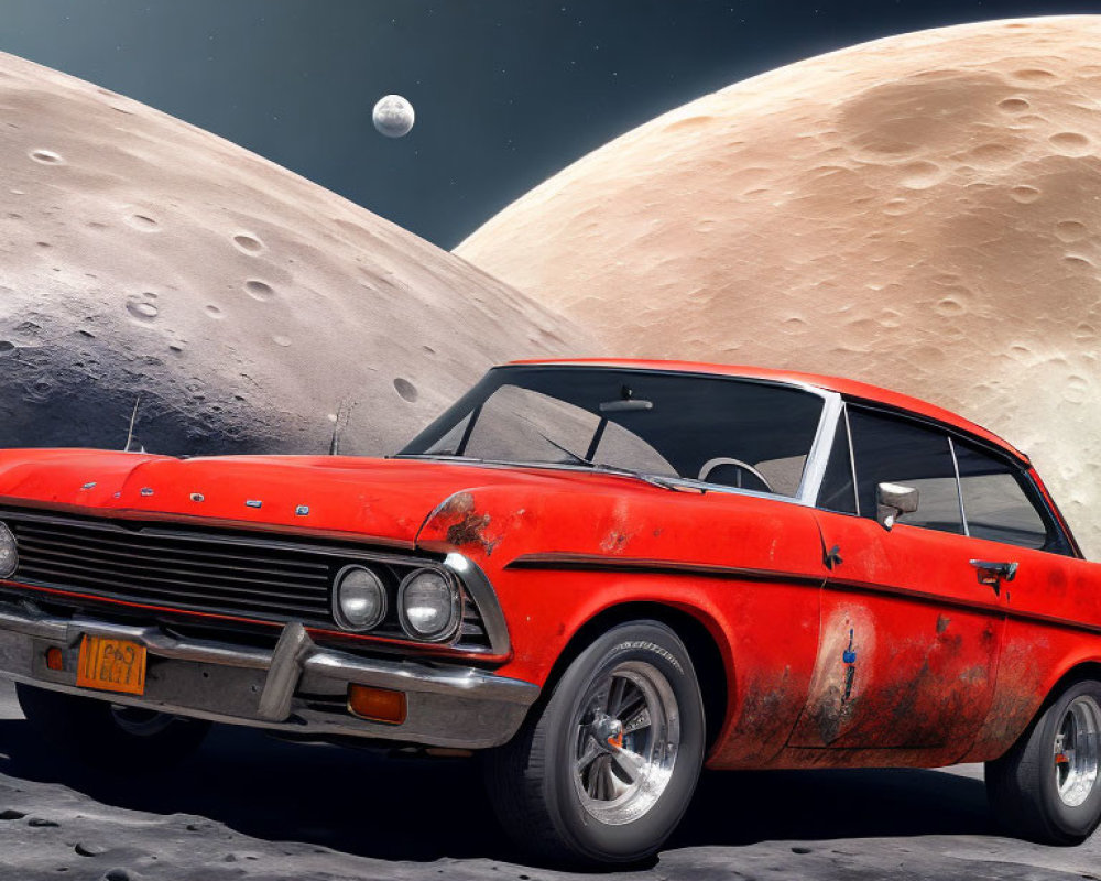 Vintage Red Car on Lunar Surface with Planet Background