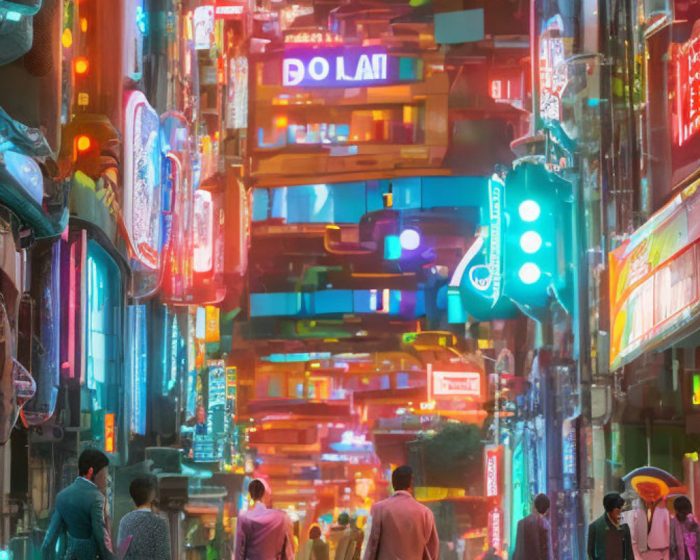 Vibrant neon-lit street scene with colorful signage and pedestrians.